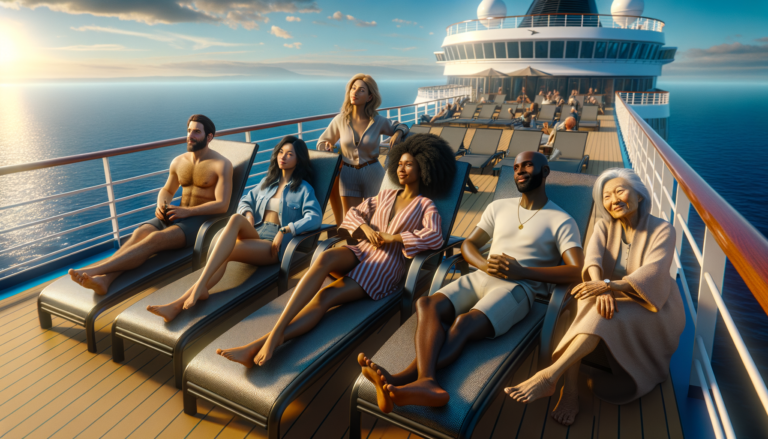 Cruise ship passengers relaxing on sunny deck