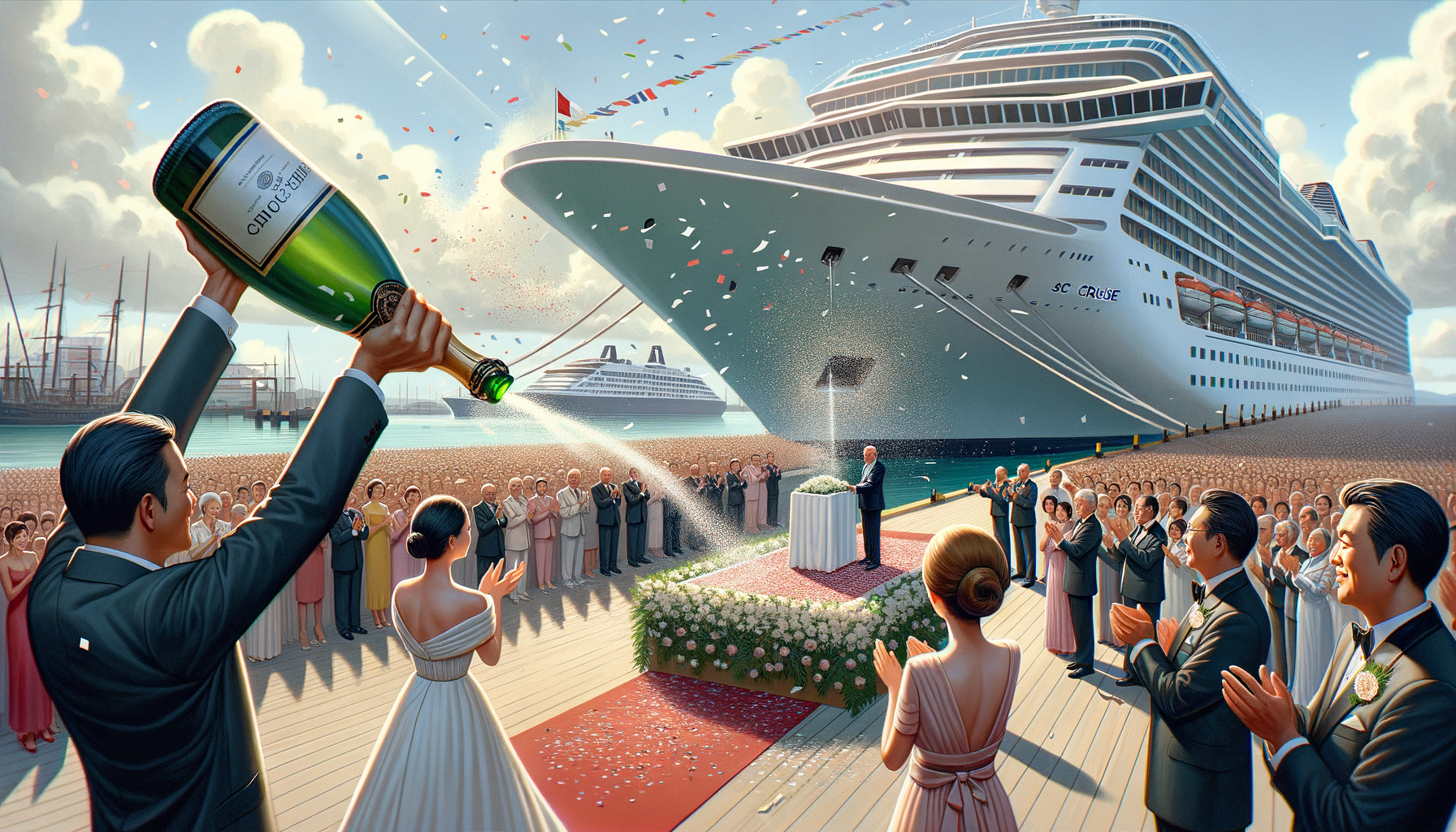 Cruise ship naming ceremony with champagne and confetti