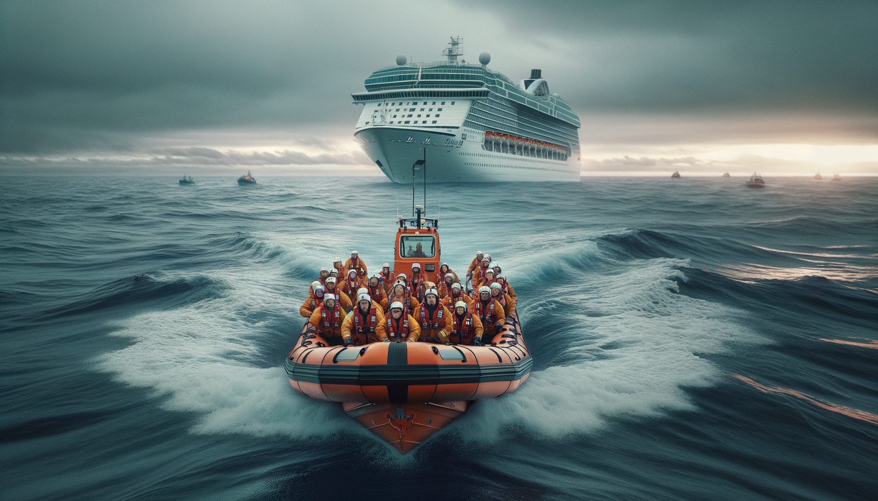 Cruise ship rescue operation with lifeboat in open ocean
