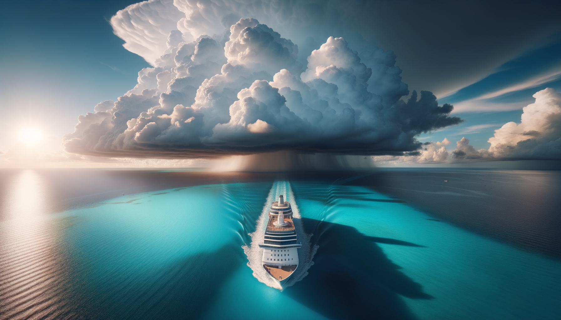Cruise ship sailing with storm clouds on the horizon