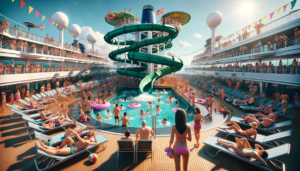 Busy cruise ship pool deck with waterslides and lifeguard station