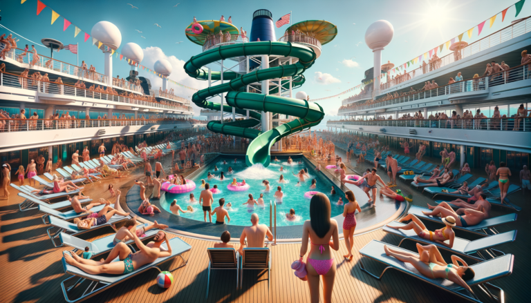Busy cruise ship pool deck with waterslides and lifeguard station
