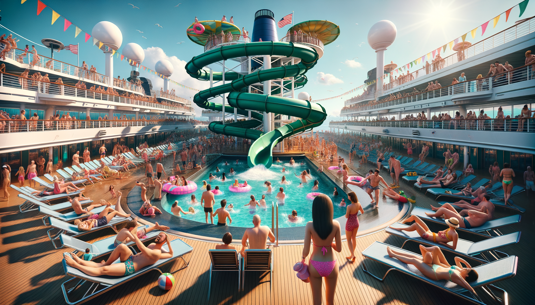 Busy cruise ship pool deck with waterslides and lifeguard station