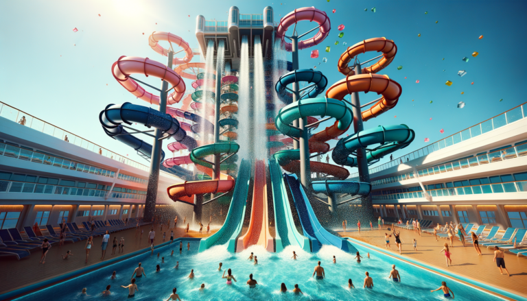 Modern cruise ship water park with colorful waterslide tubes
