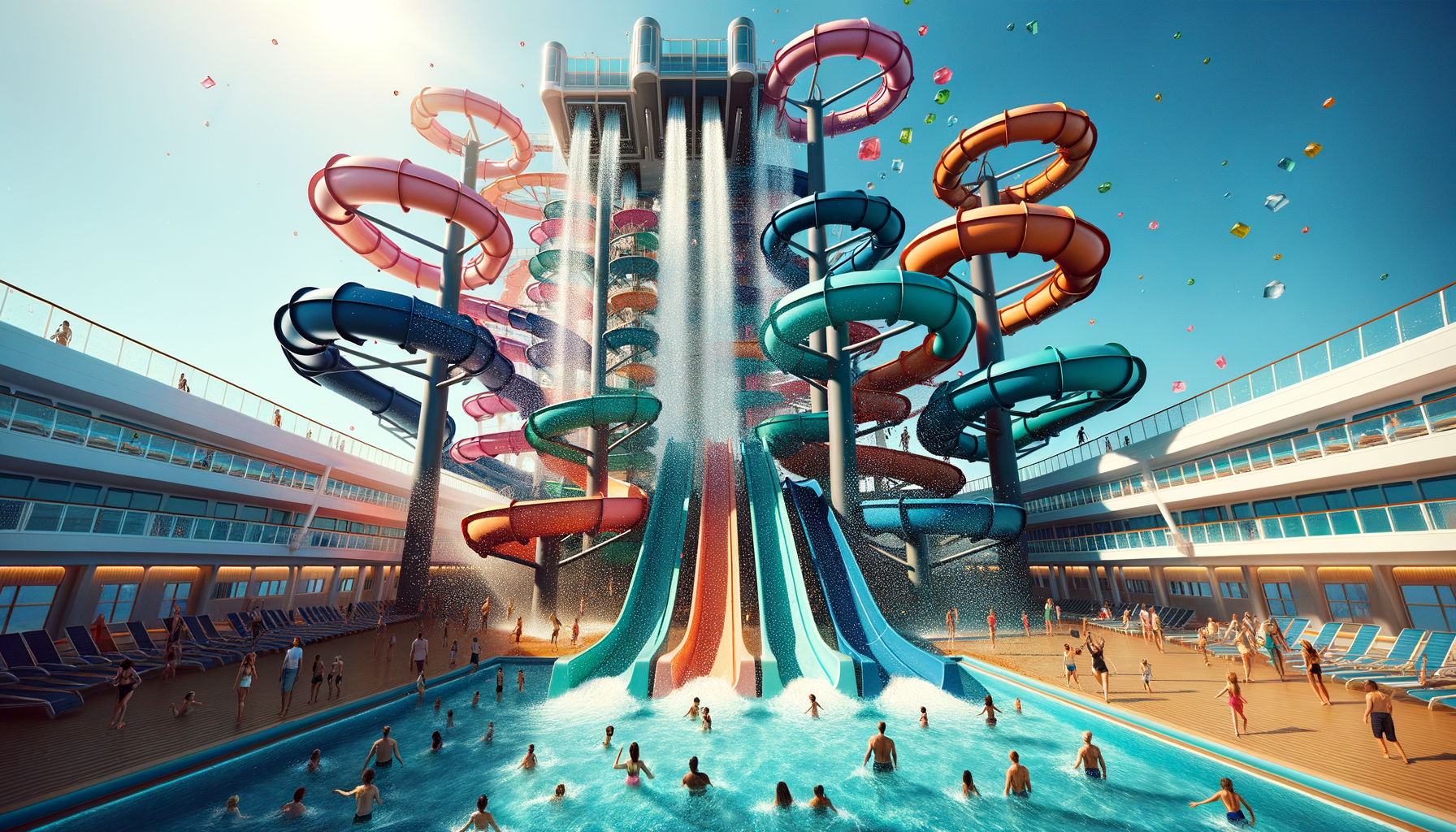 Modern cruise ship water park with colorful waterslide tubes
