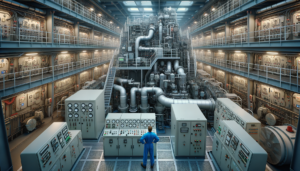Cruise ship engine room with electrical panels and machinery