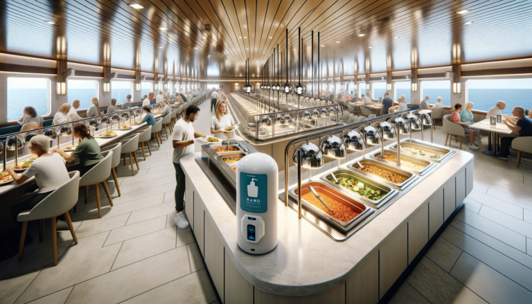 Modern cruise ship buffet with hand sanitizer stations