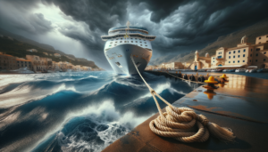 Large cruise ship at Mediterranean port in stormy weather