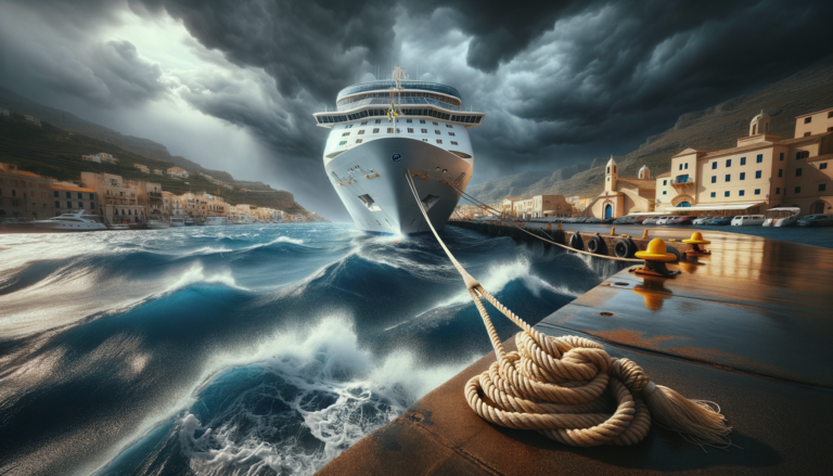 Large cruise ship at Mediterranean port in stormy weather