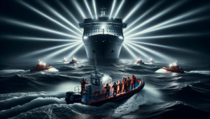 Nighttime ocean rescue with searchlights illuminating dark water