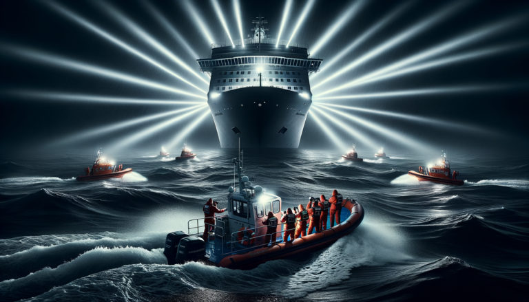 Nighttime ocean rescue with searchlights illuminating dark water