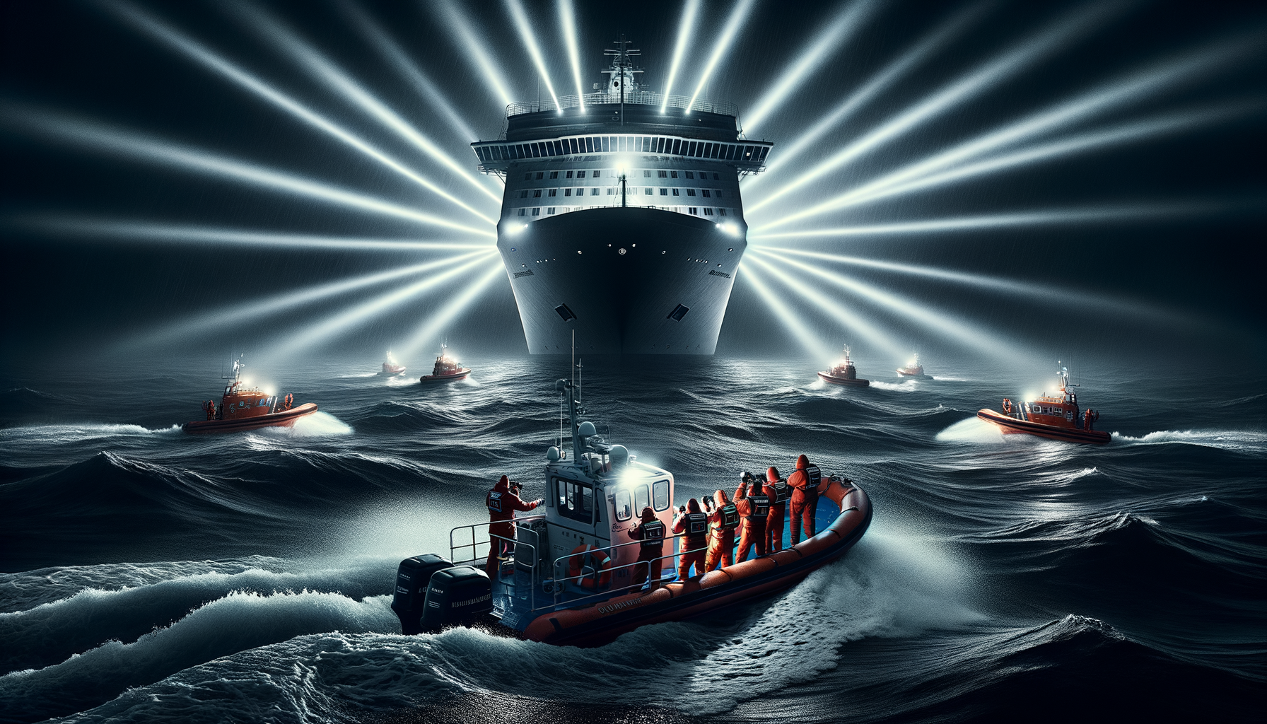 Nighttime ocean rescue with searchlights illuminating dark water