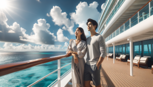 Couple enjoying a relaxing day on a cruise ship deck overlooking the ocean