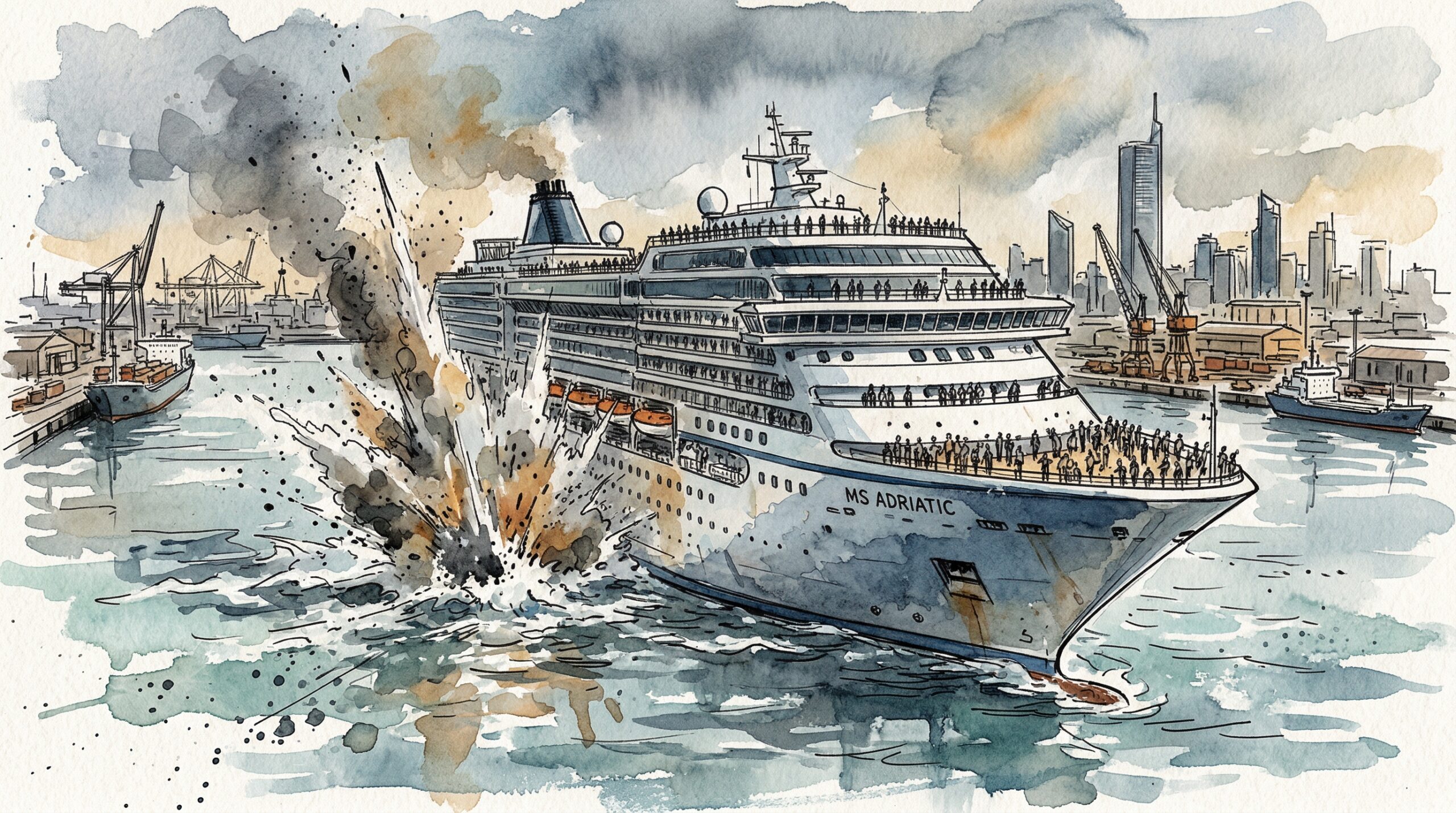 Editorial illustration of a missile strike near Mein Schiff 6 cruise ship in Abu Dhabi