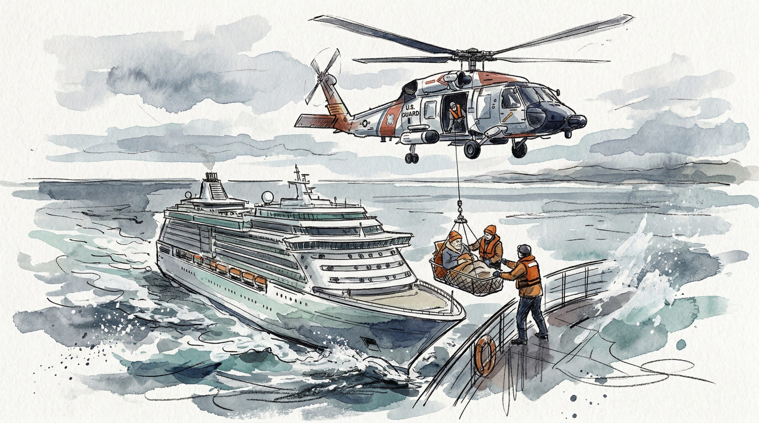 Editorial illustration of a Coast Guard helicopter rescue from Ruby Princess cruise ship