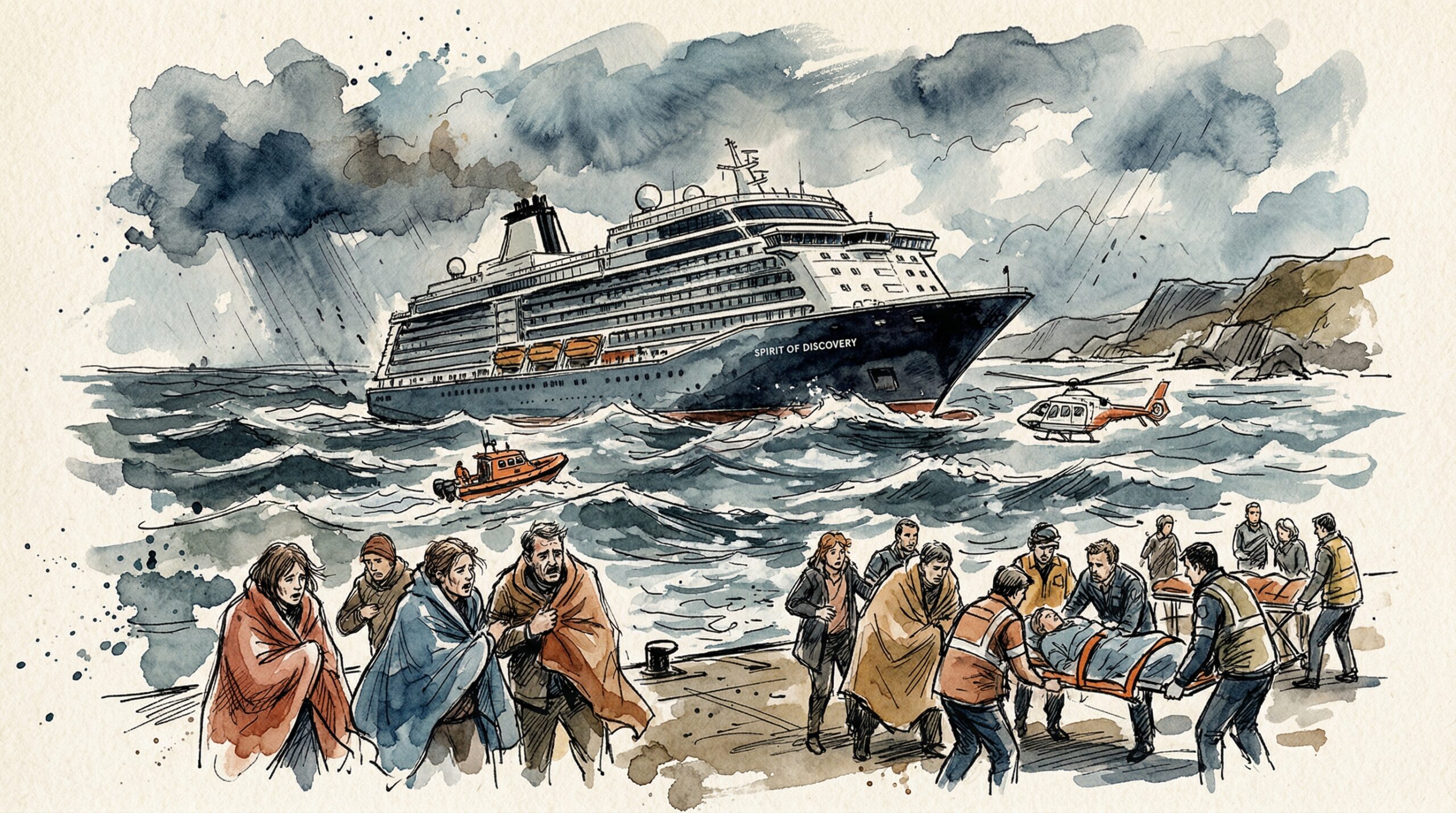 Editorial illustration of Spirit of Discovery cruise ship losing propulsion in a storm