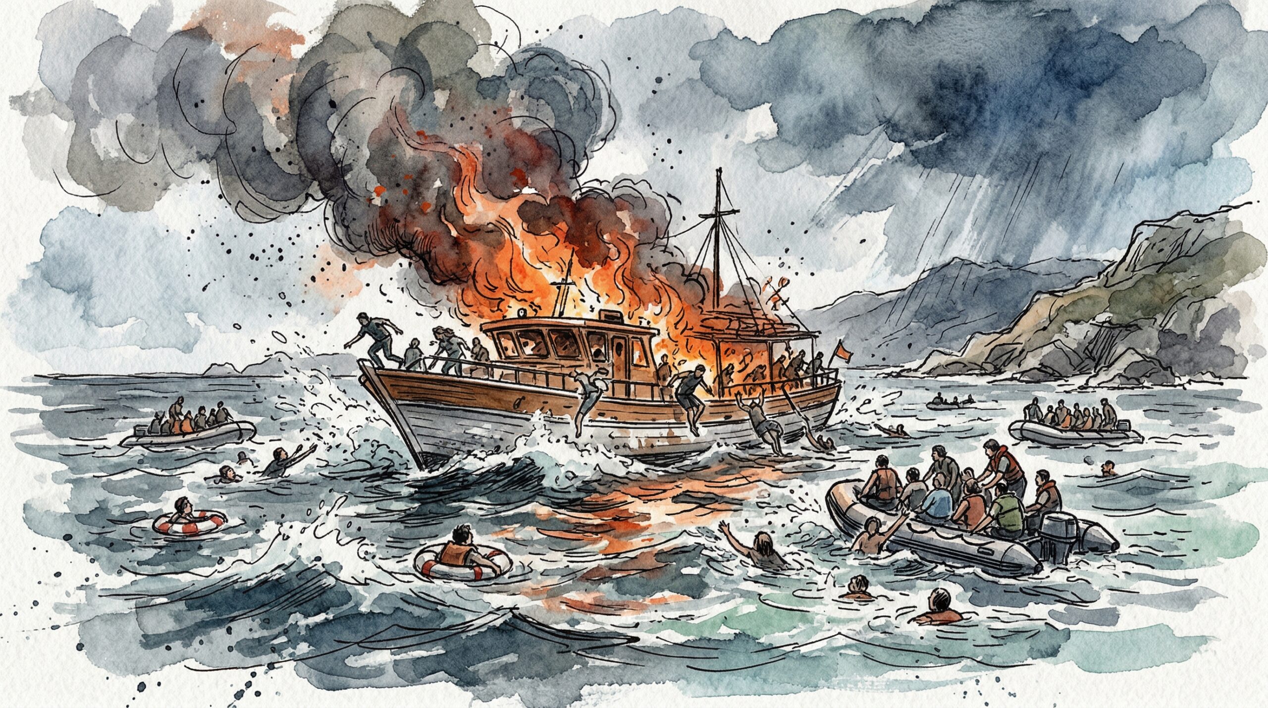 Editorial illustration of a tourist boat engulfed in flames with passengers escaping