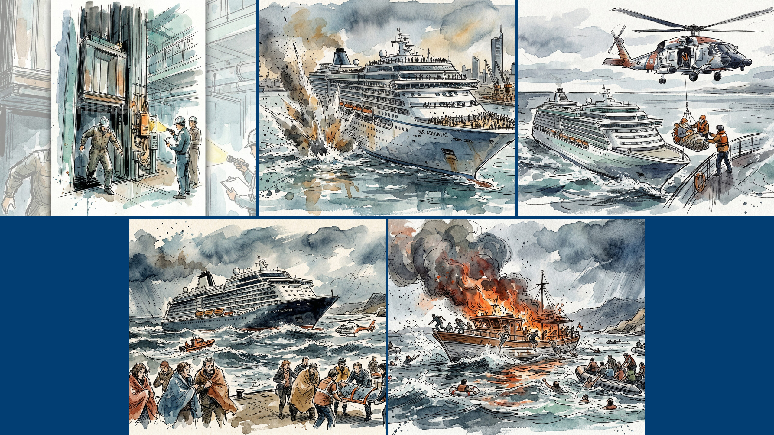 Collage of editorial illustrations from the 5 wildest cruise stories of March 2026
