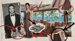 Tabloid-style collage of cruise dining room dress code chaos