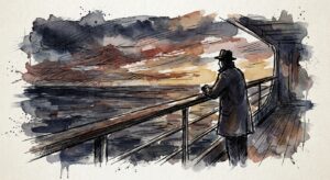 Solo cruise passenger at the ship's railing watching the sunset