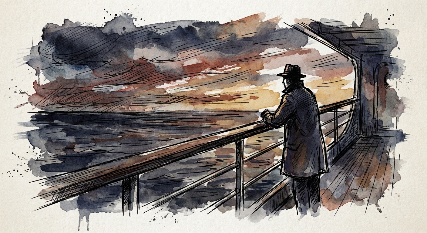 Solo cruise passenger at the ship's railing watching the sunset