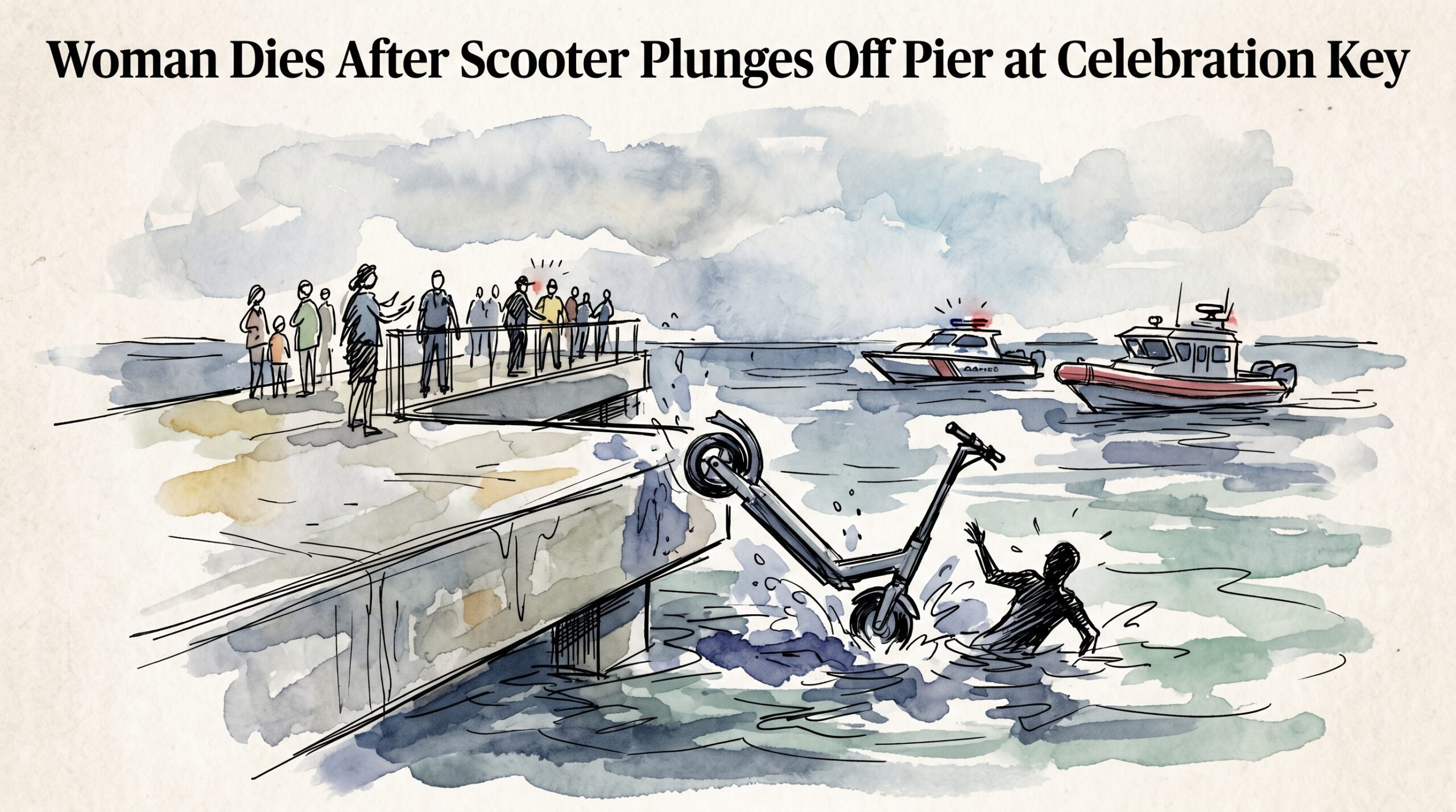 Editorial illustration for: Woman Dies After Scooter Plunges Off Pier at Celebration Key